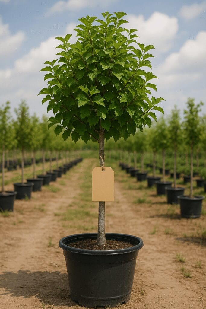 Young potted tree in a nursery.