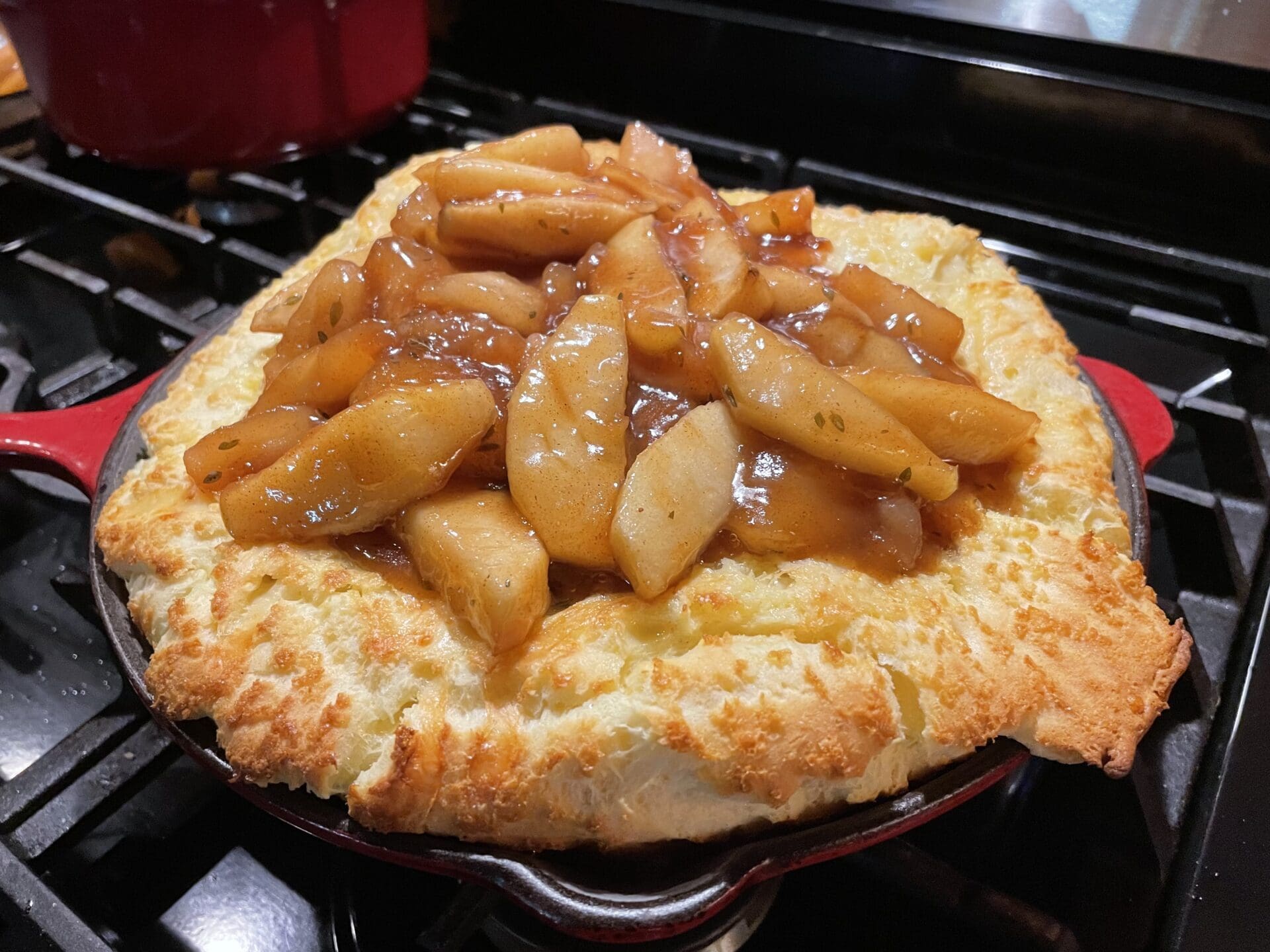 Apple pie in a cast iron skillet.