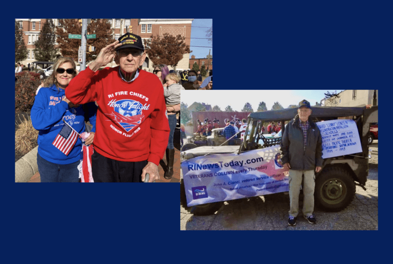 Two pictures of veterans standing next to a jeep.