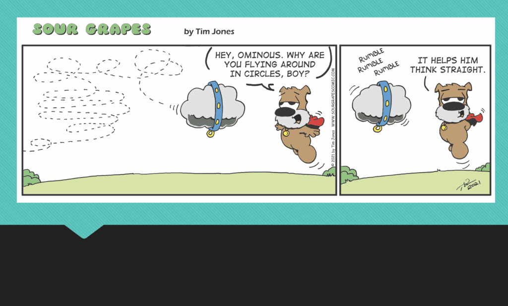 A comic strip with a dog flying in the air.