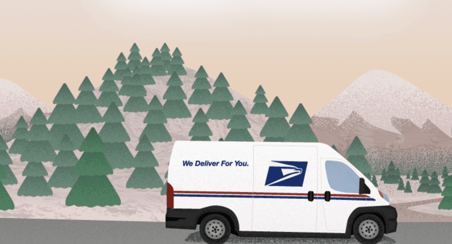 An illustration of a usps van in front of a forest.