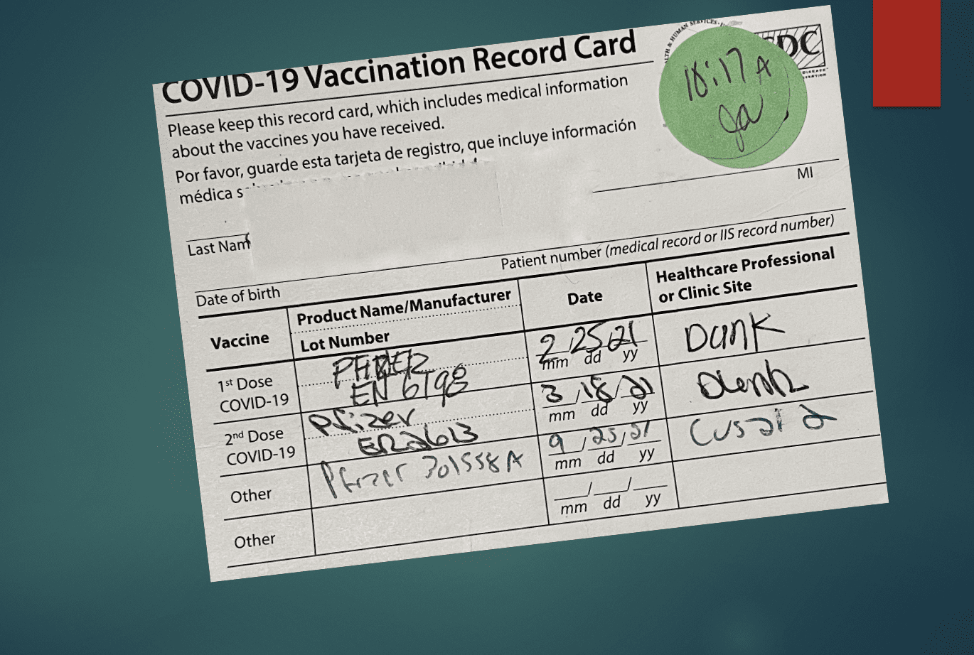 Covid-19 vaccination record card.