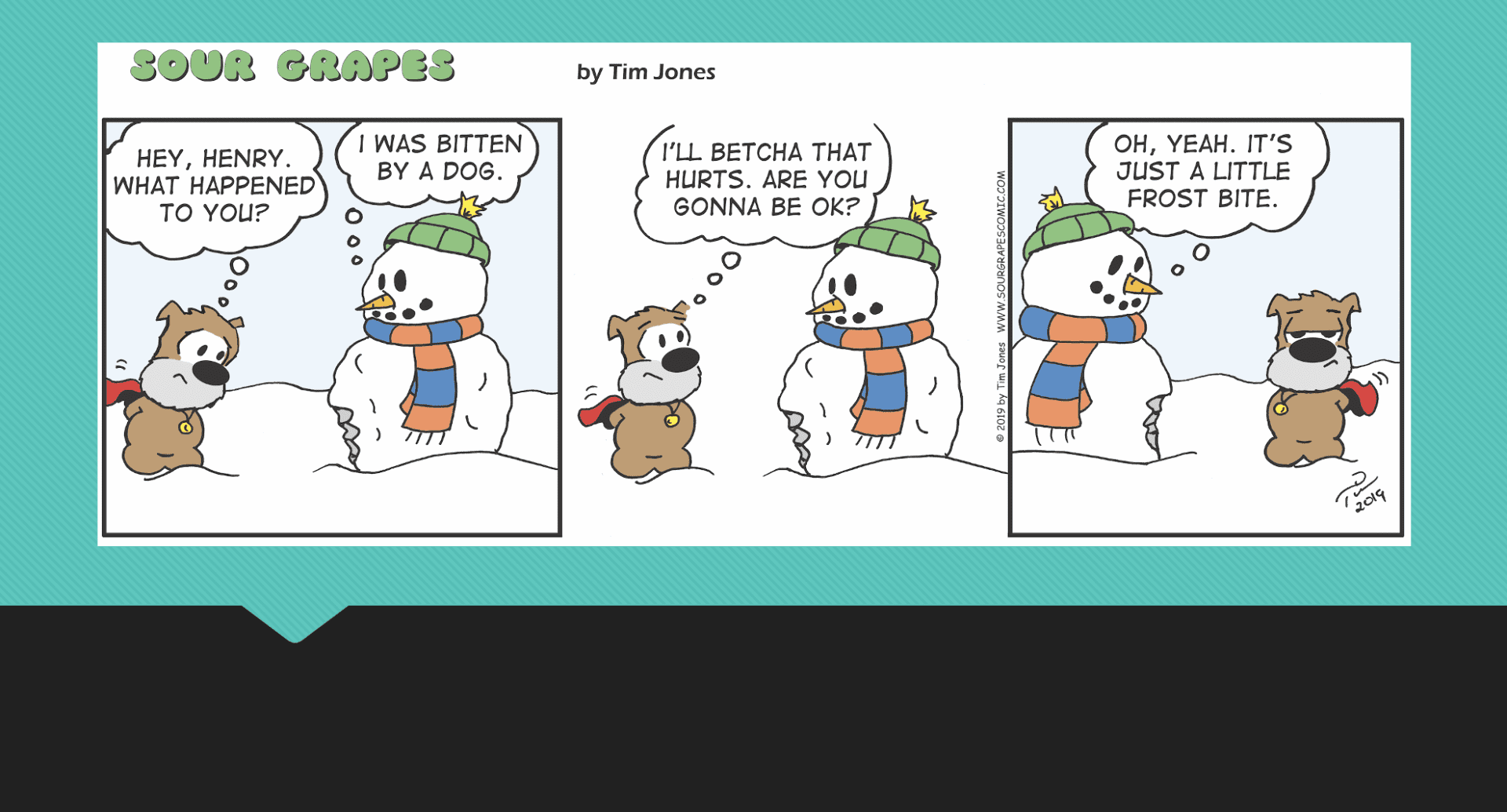 A comic strip with a snowman and a teddy bear.