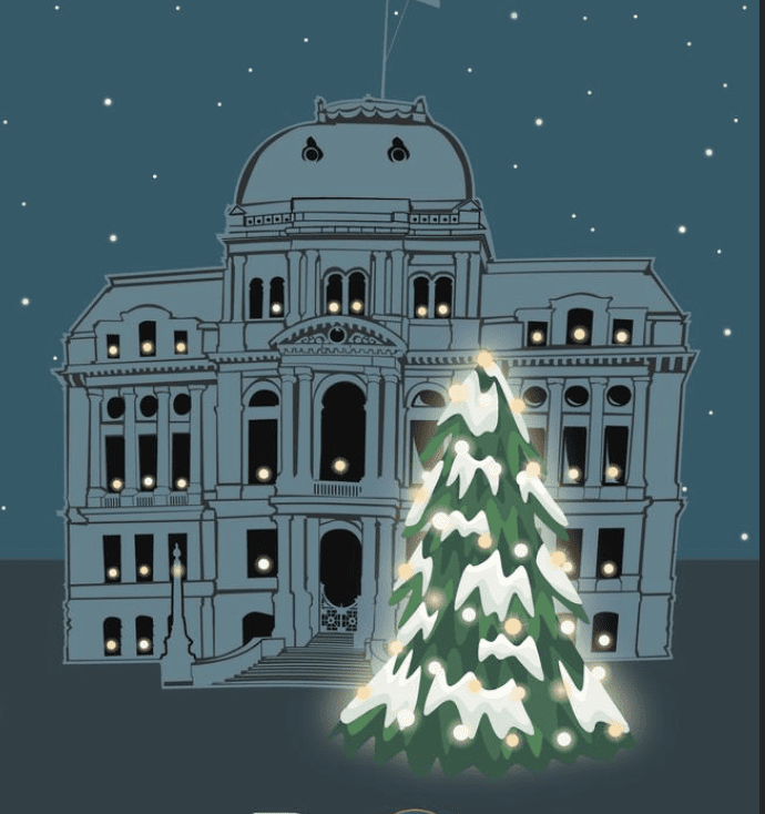 A christmas card with a christmas tree in front of a building.
