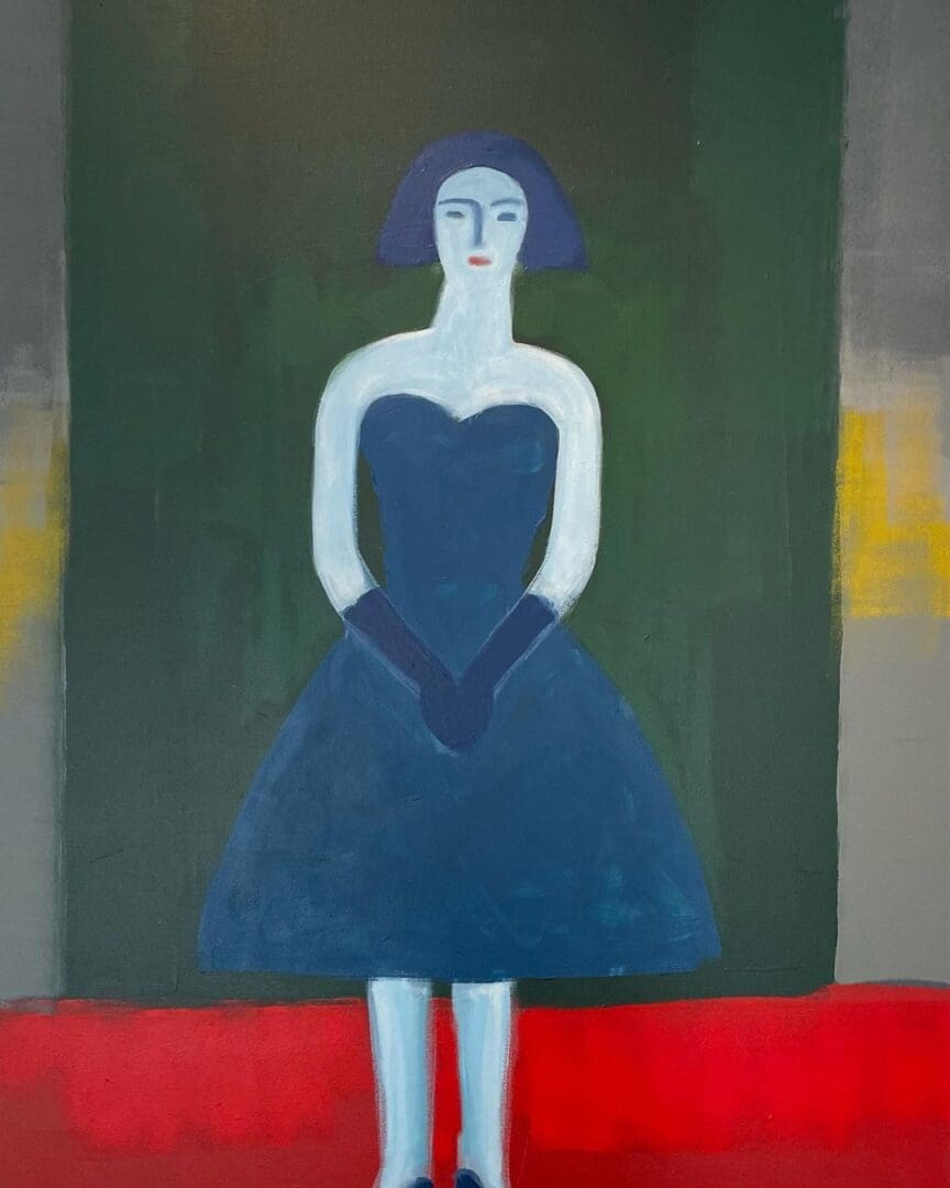 A painting of a woman in a blue dress.