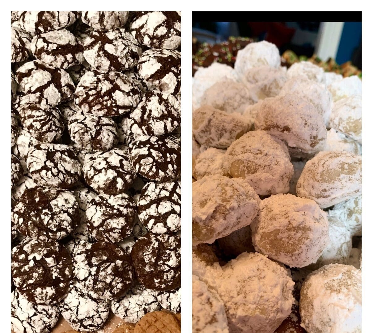 A variety of cookies with powdered sugar on them.