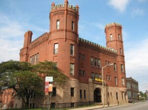 A red brick building.