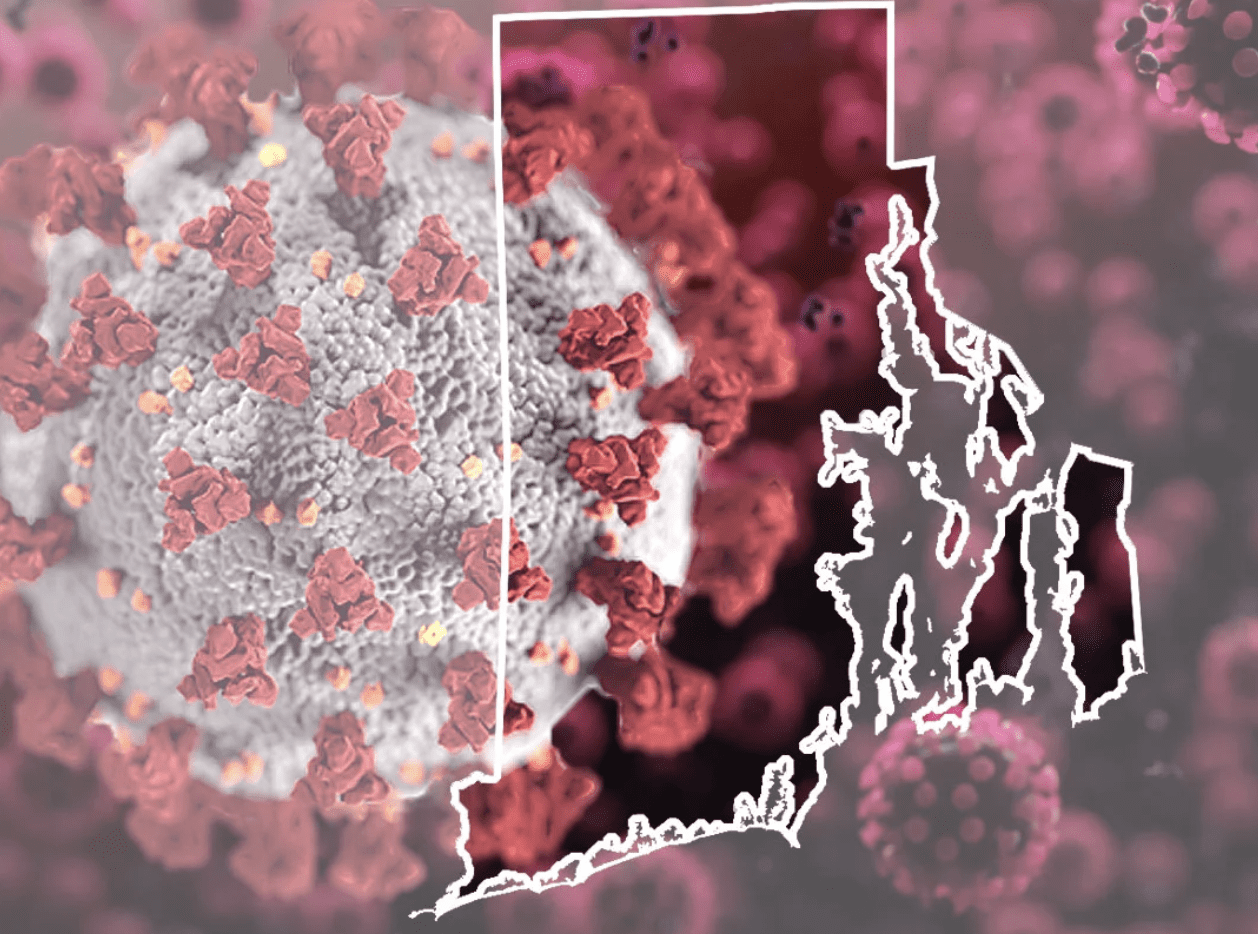 The state of massachusetts with a coronavirus in the background.
