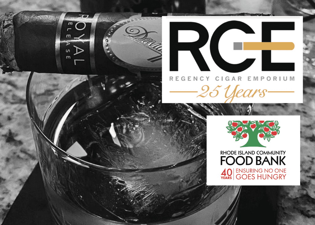 A glass of wine and a logo for the rce food bank.
