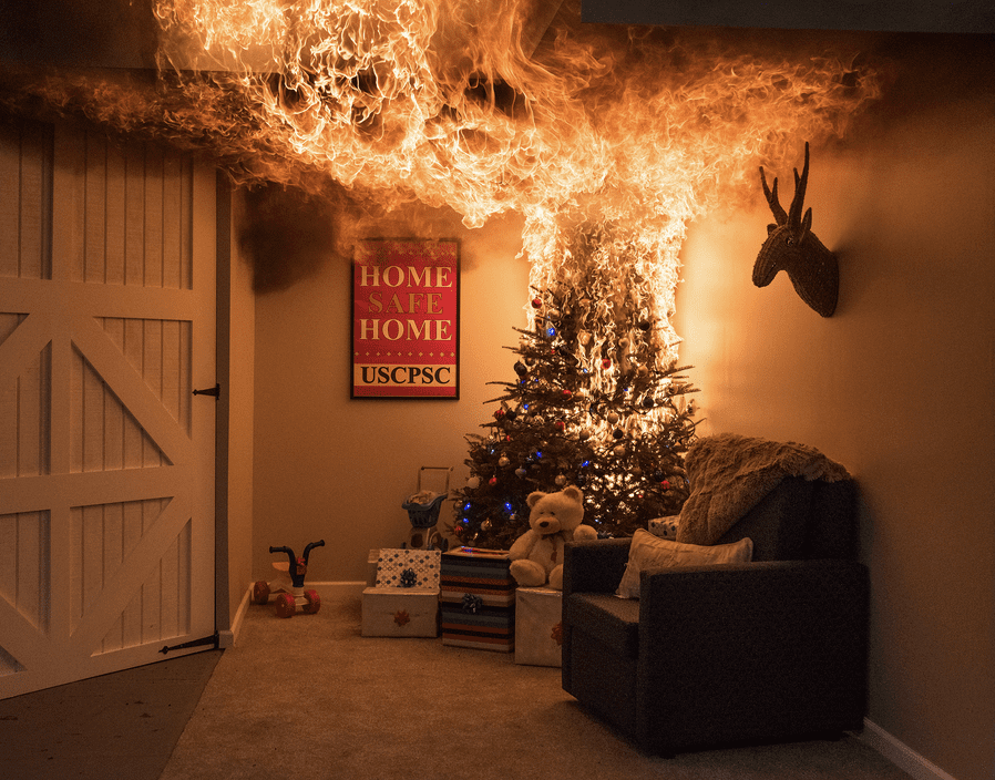A christmas tree is on fire in a room.