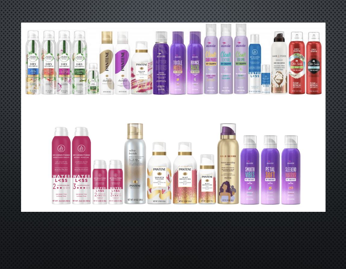 A variety of hair care products are shown on a black background.
