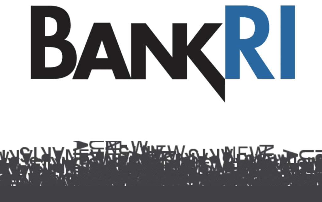 Bankri logo with a crowd of people in front of it.