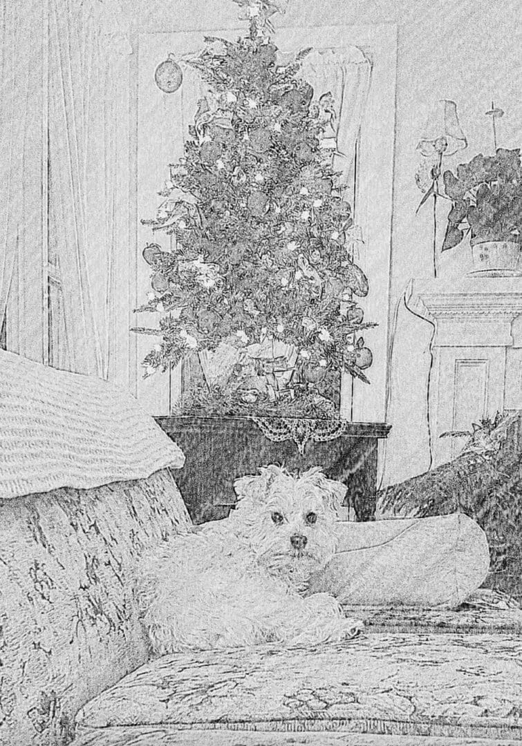A drawing of a dog in front of a christmas tree.