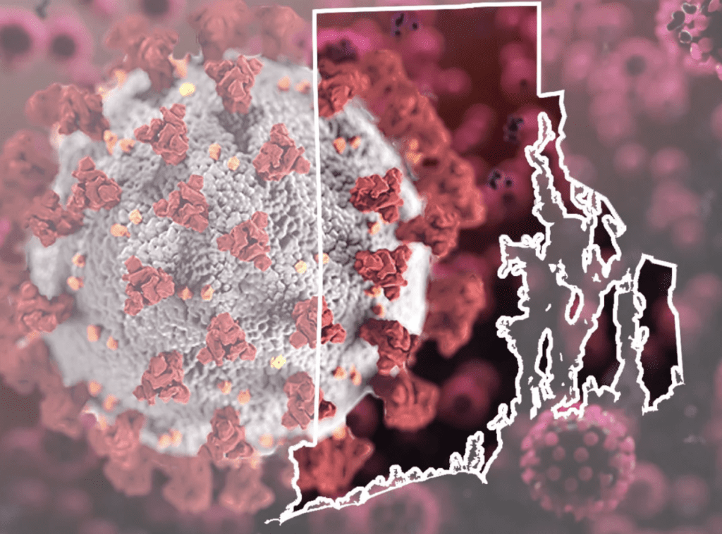 The state of massachusetts is shown with a coronavirus.