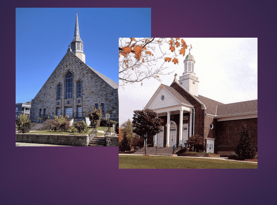 Two pictures of a church with a steeple.