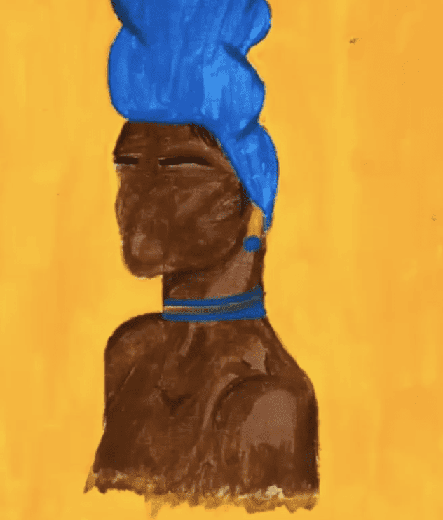 A drawing of a woman with a blue turban.