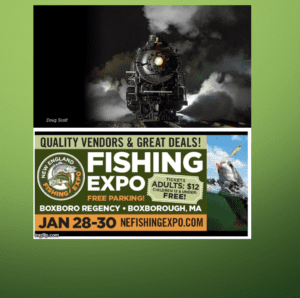 A flyer for the fishing expo with an image of a train.