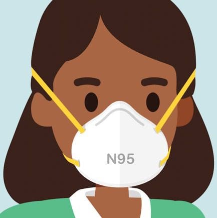A woman wearing a face mask with the word n5 on it.
