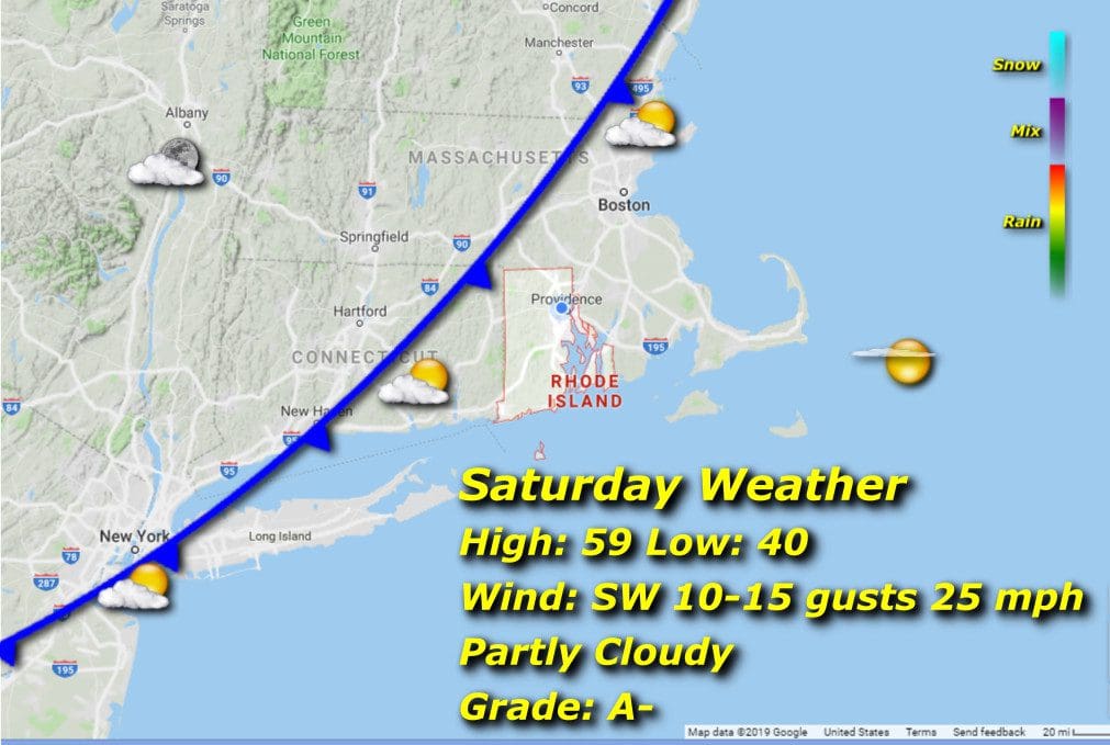 A map showing the weather for saturday in massachusetts.