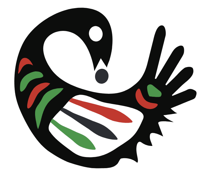 A black and white swan with red, green, and blue stripes.