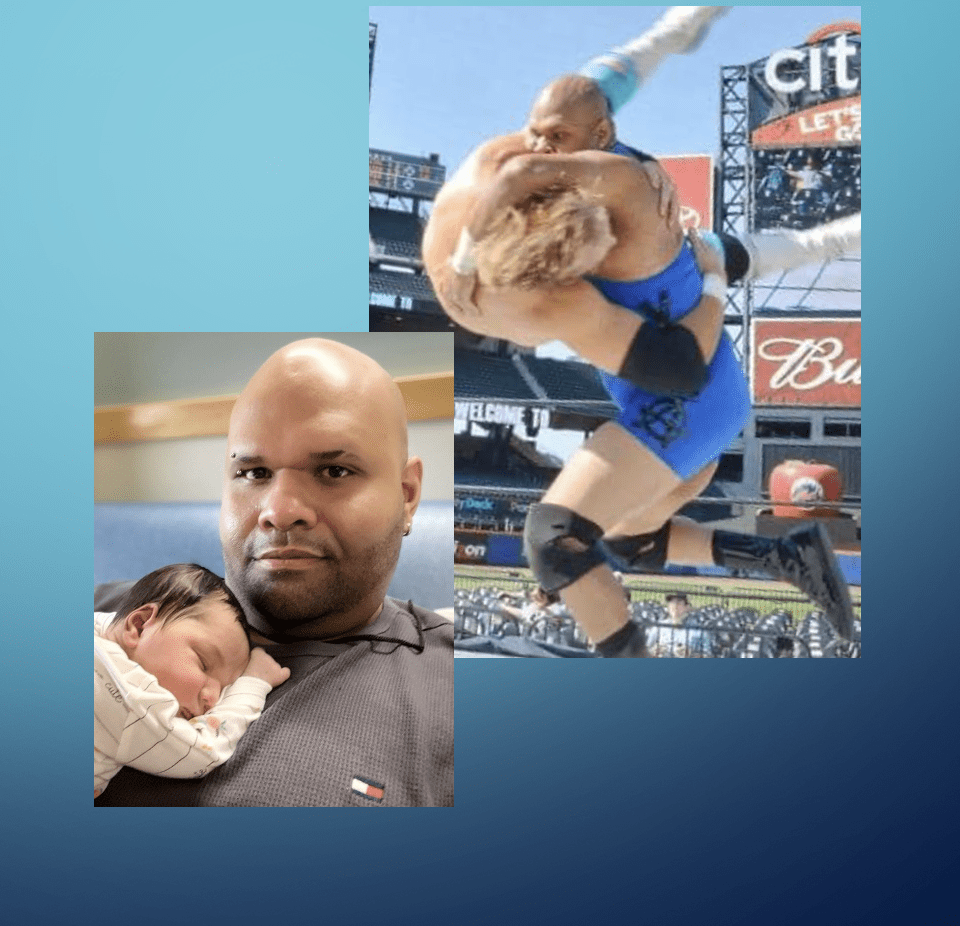 A picture of a man holding a baby and a picture of a wrestler.