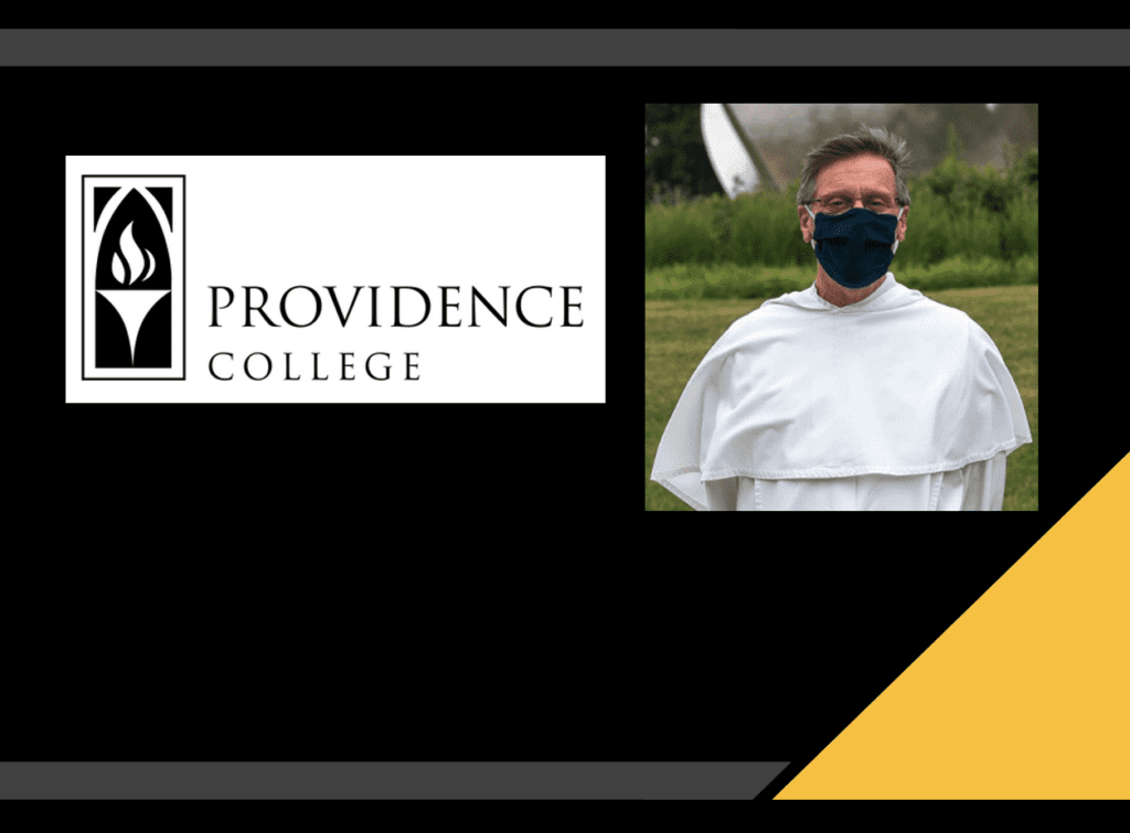 A priest wearing a face mask in front of the logo for providence college.