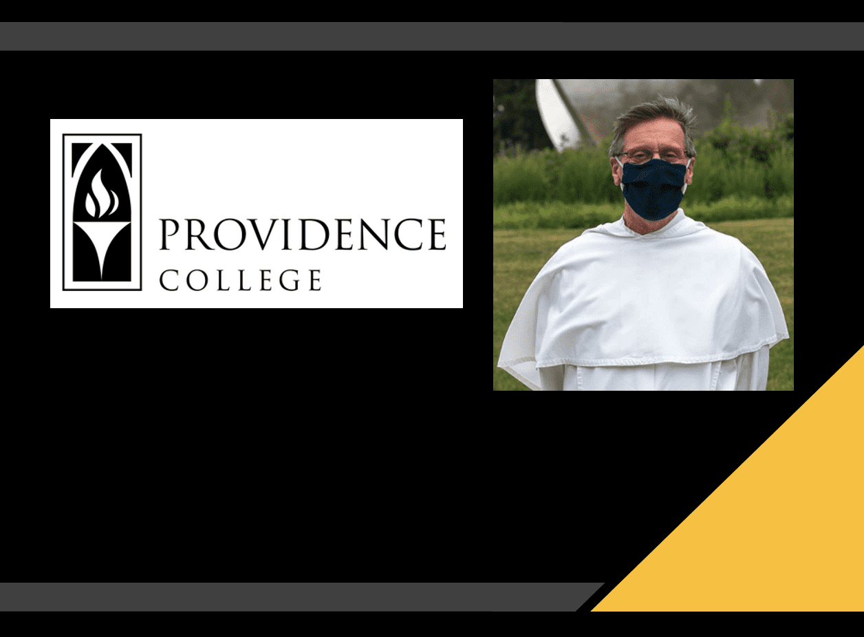 A priest wearing a face mask in front of the logo for providence college.