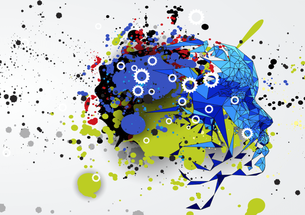 An abstract image of a human head with colorful splatters.