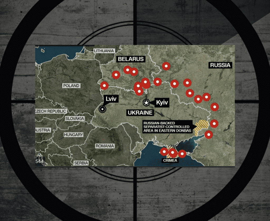 A map showing the locations of the attacks in ukraine.