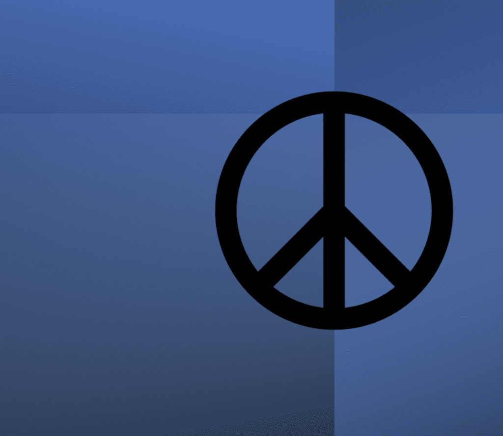 A black peace sign on a blue background.