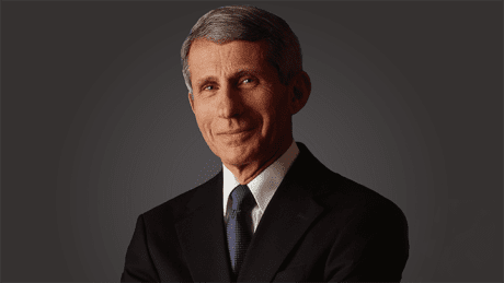 An image of Dr. Fauci in a suit and tie with a quote.