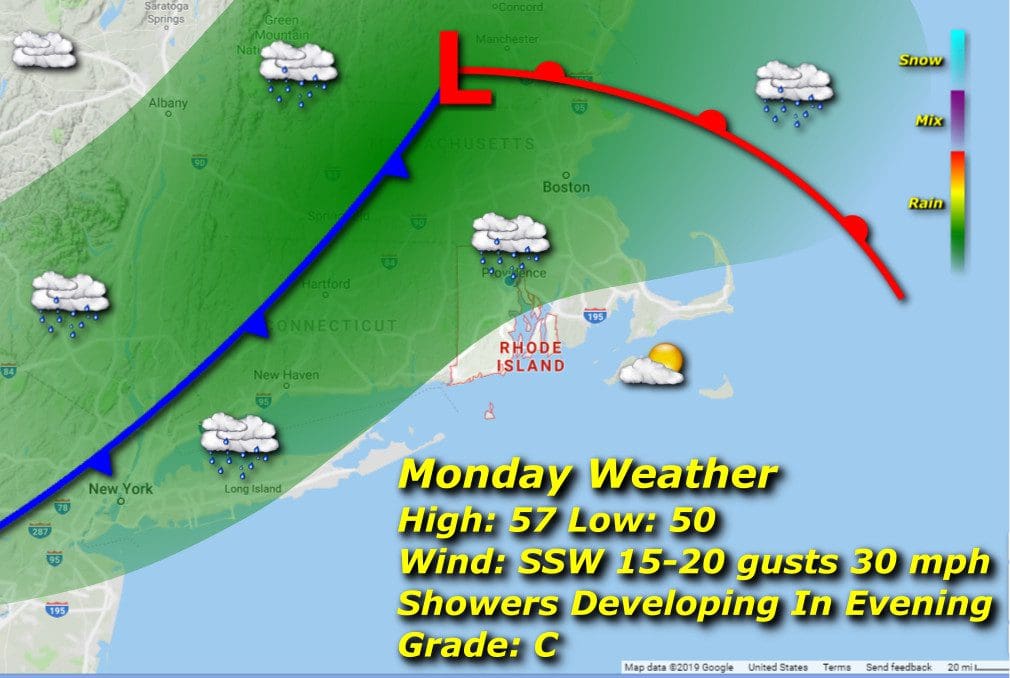 A map showing the weather for monday.