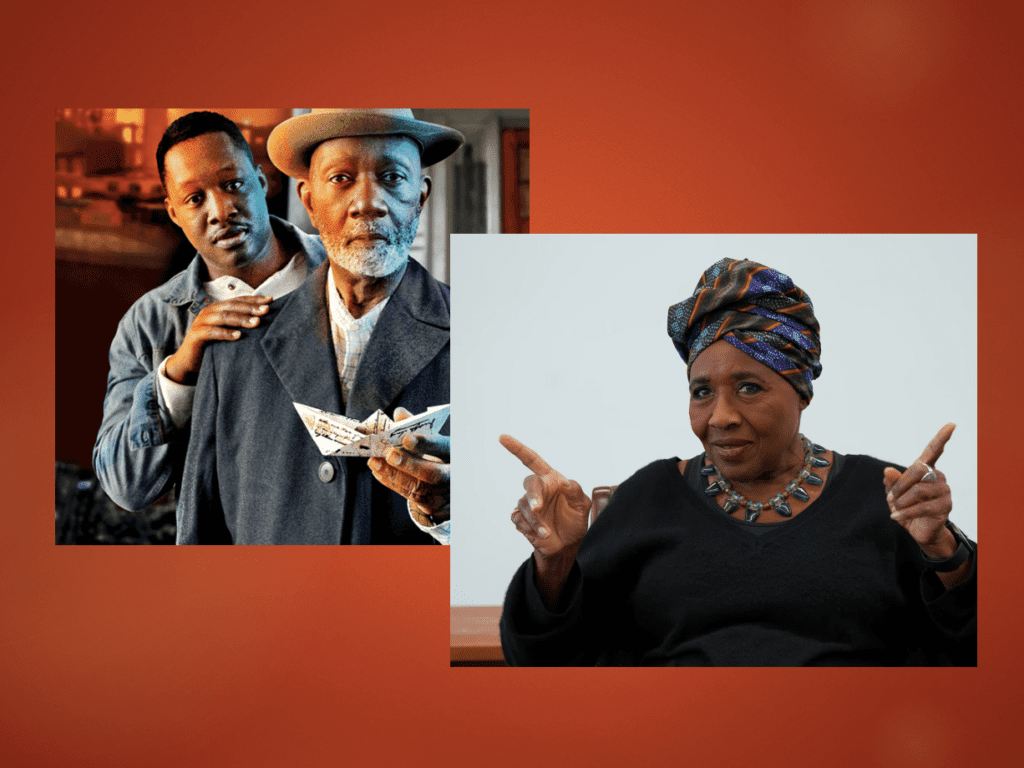 A black man and a woman with a turban on a red background.