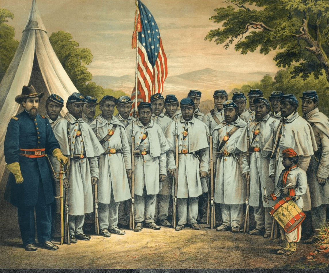 A painting of a group of men standing in front of a tent.