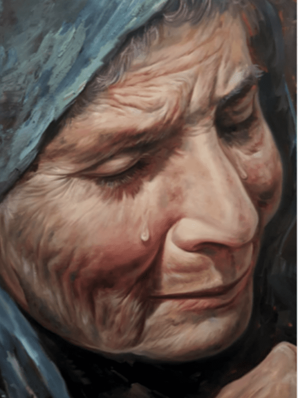 A painting of an old woman with tears on her face.