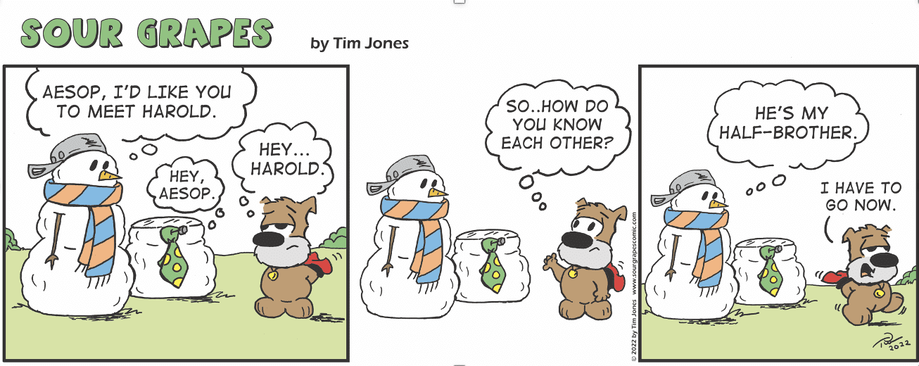 A comic strip about a snowman and a dog.