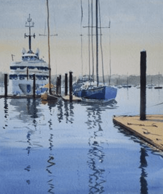 A watercolor painting of sailboats docked at a dock.