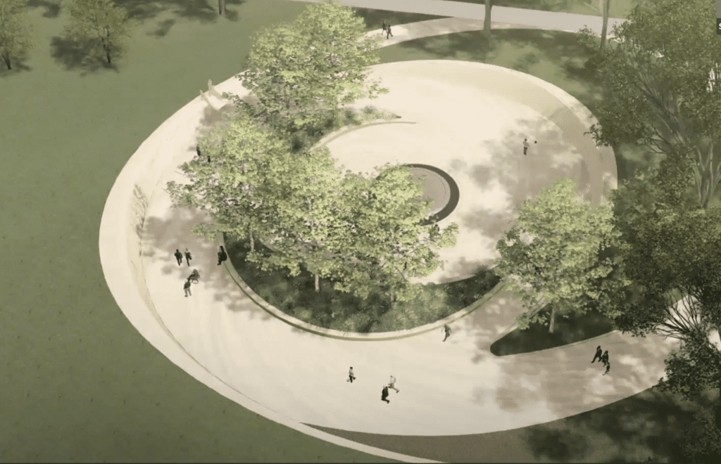 An artist's rendering of a circular park.