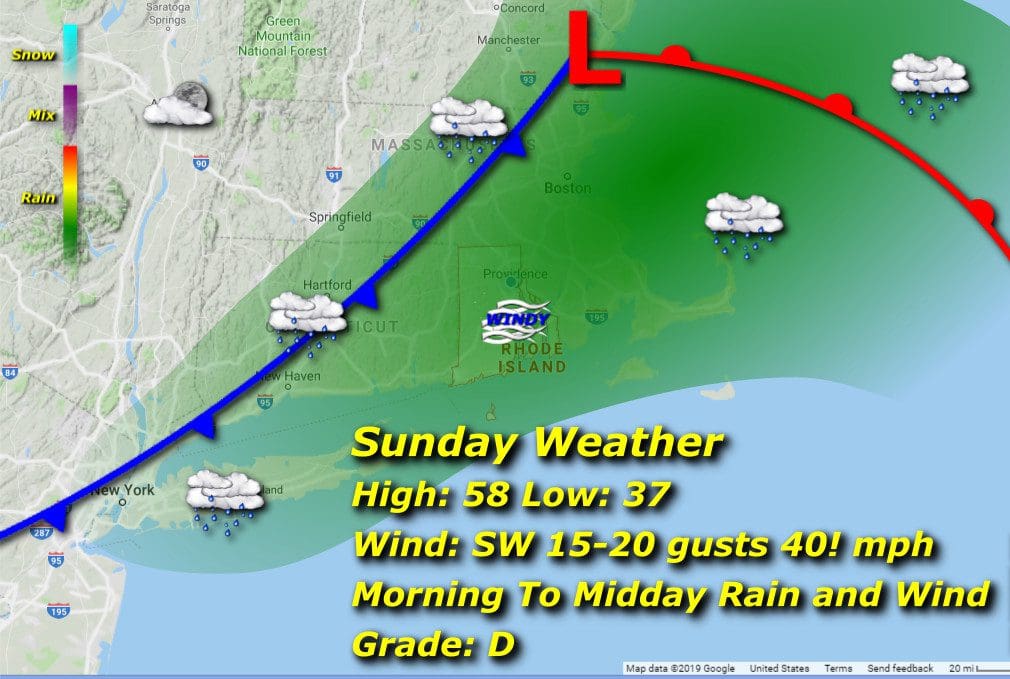 A map showing the direction of the sunday weather.