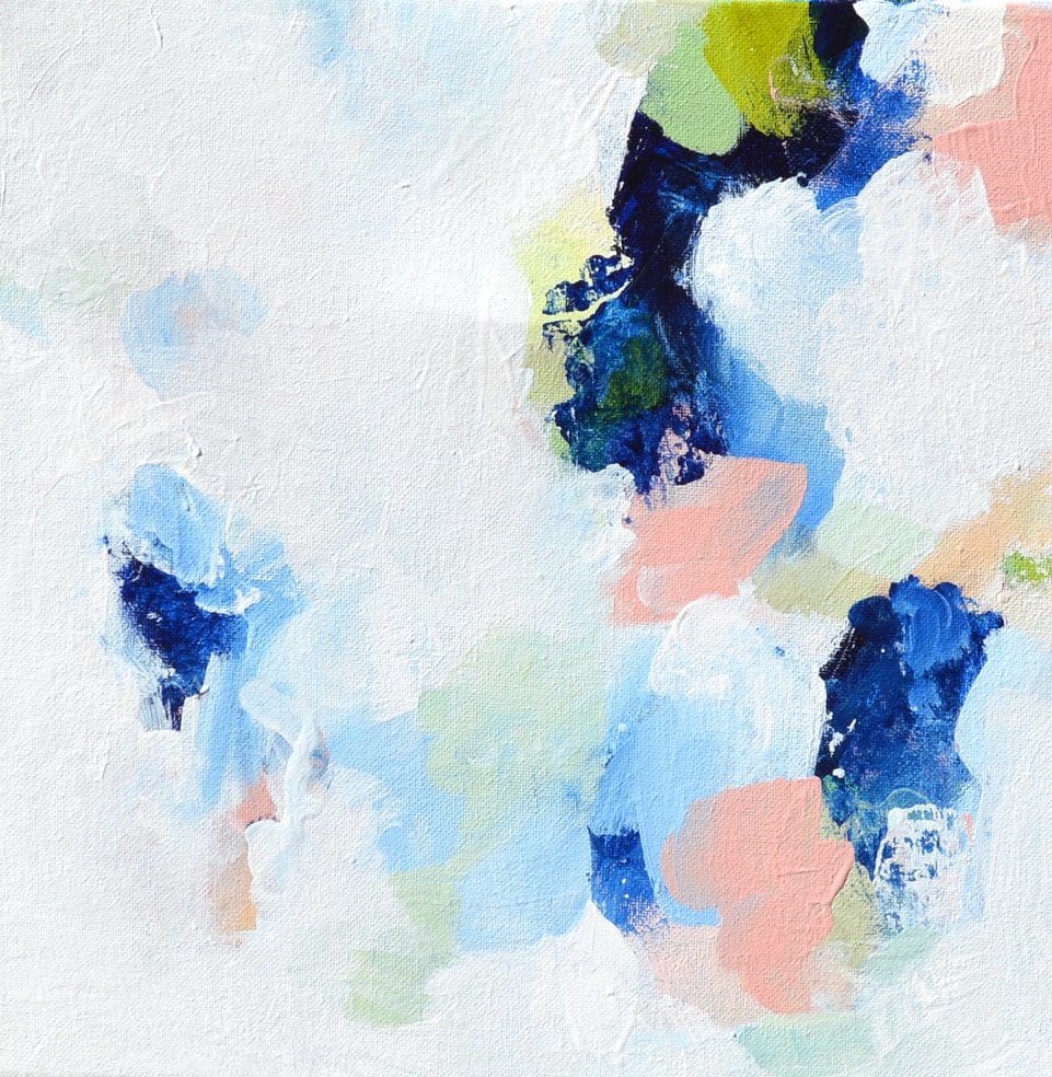 An abstract painting with blue, pink, and white paint.