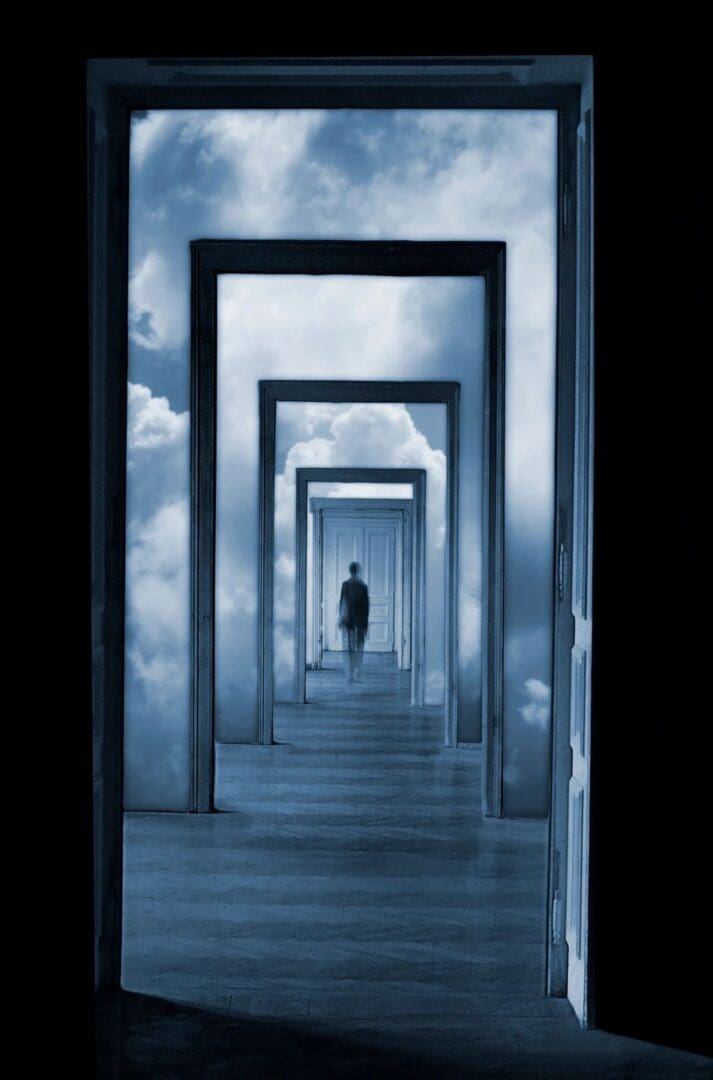 An image of a person walking through an open door into the sky.