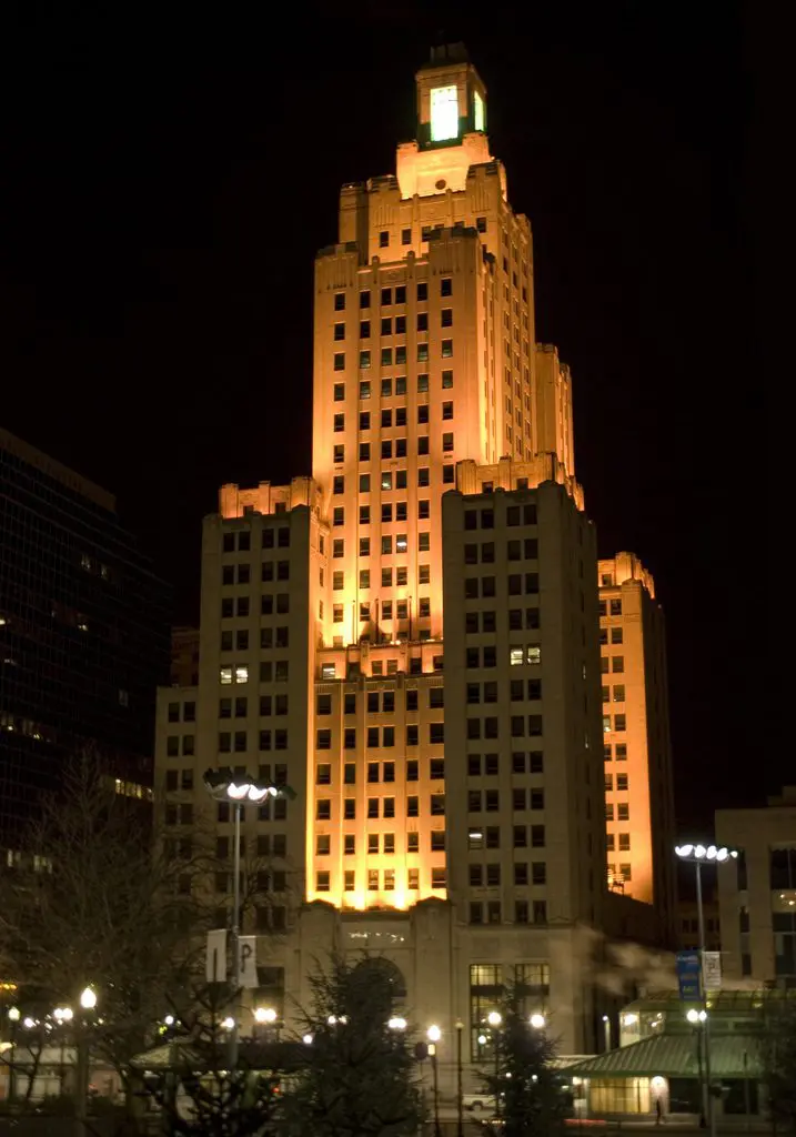A large building lit up at night.