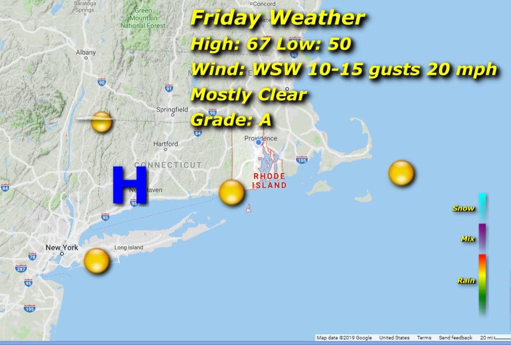 A map showing the weather for friday in massachusetts.