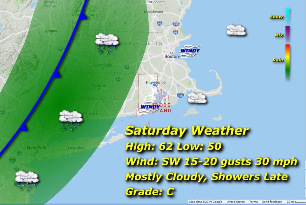 A map showing the weather for saturday in massachusetts.