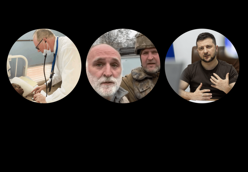 Four pictures of men with beards and a doctor.