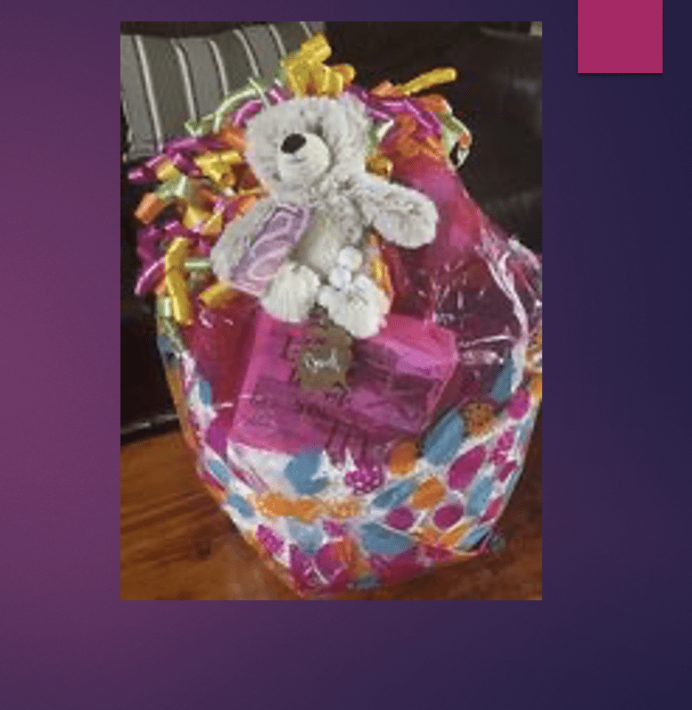 A gift basket with a teddy bear in it.