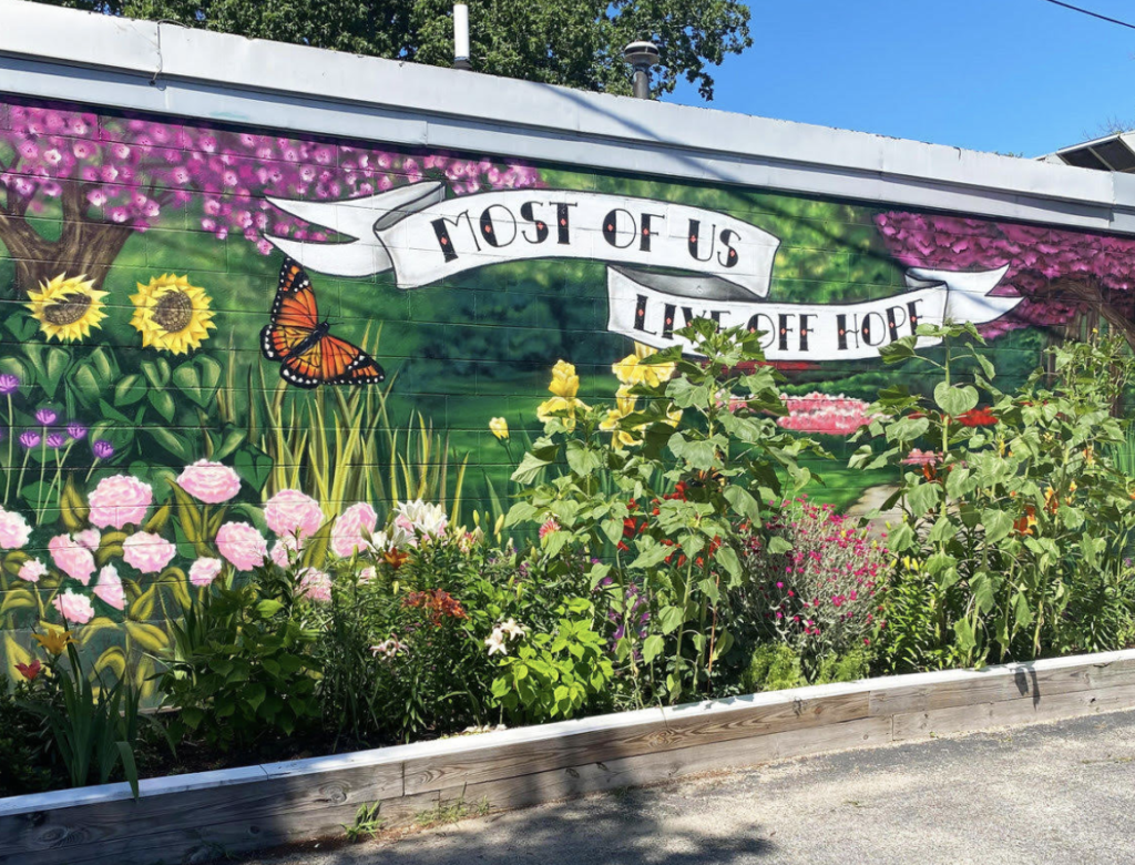 A mural painted on the side of a building with flowers and butterflies.
