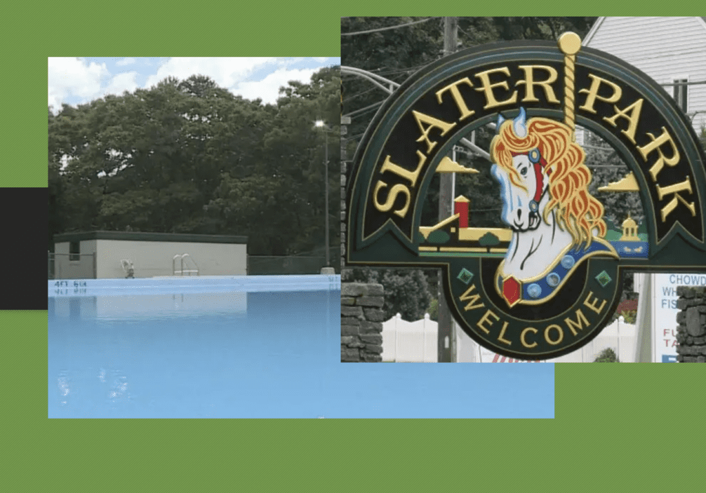 A sign for slater park with a pool in the background.