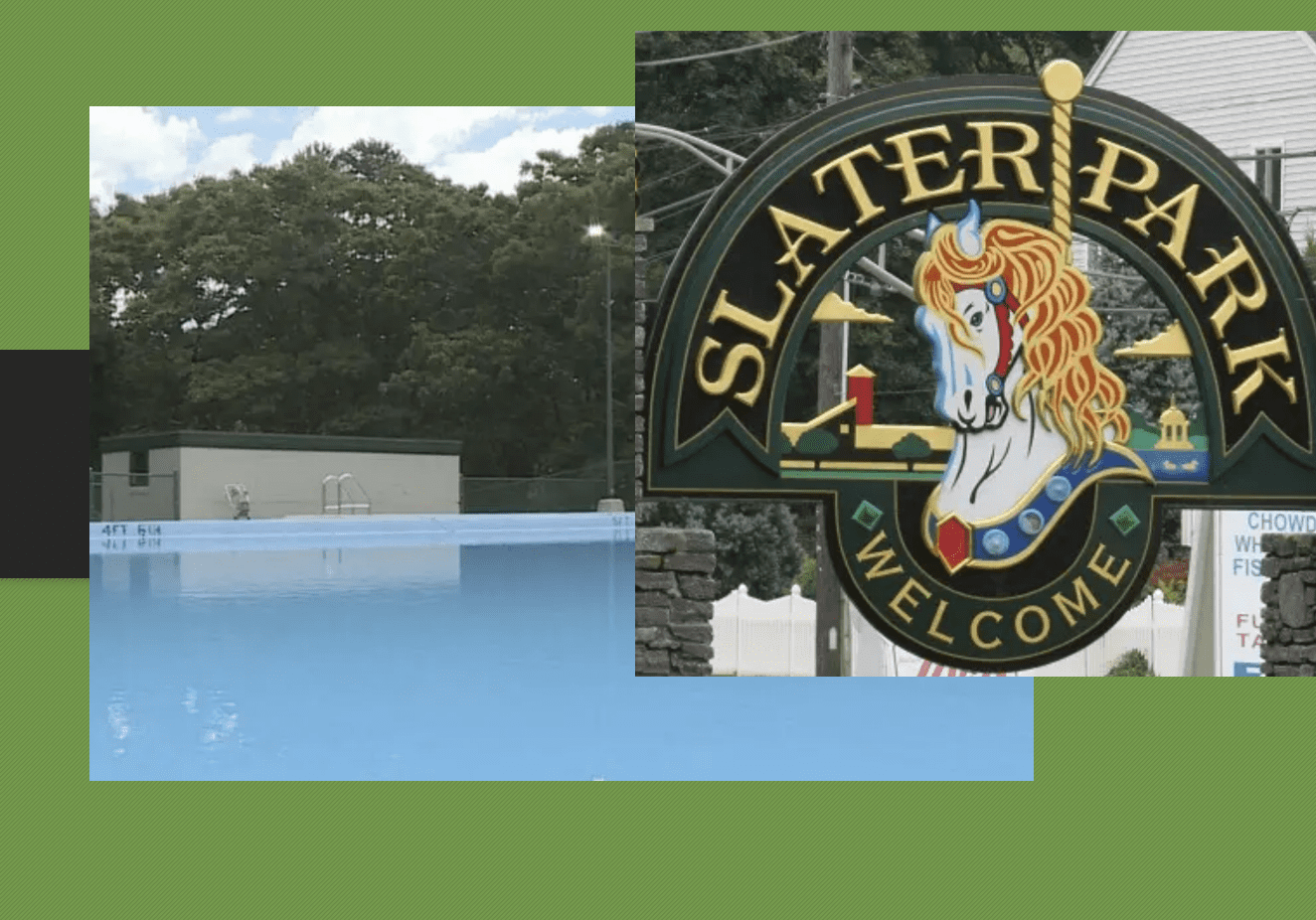 A sign for slater park with a pool in the background.