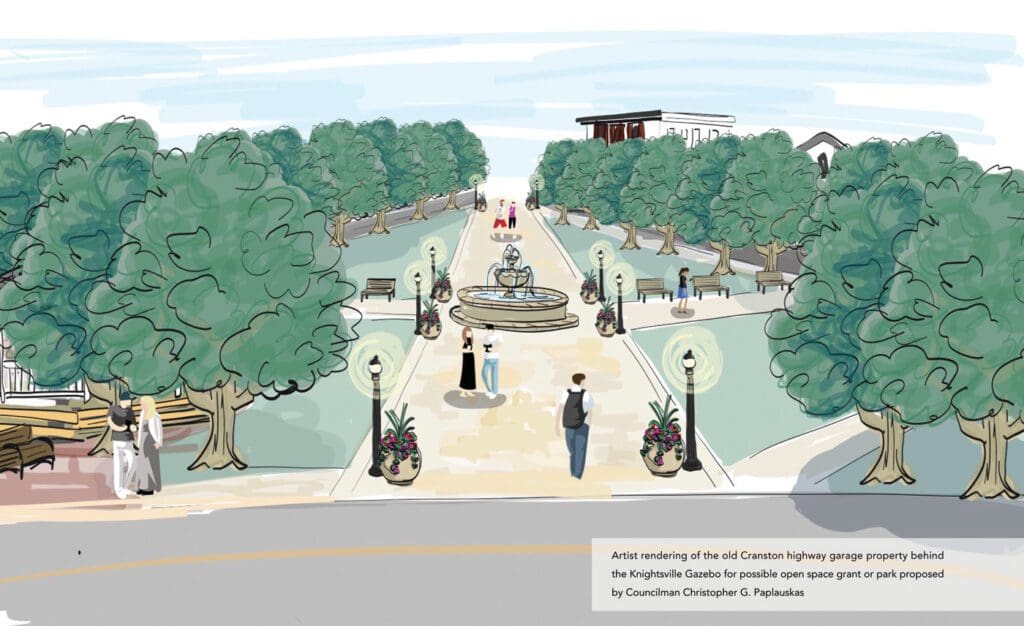 An artist's rendering of a park with trees and a fountain.